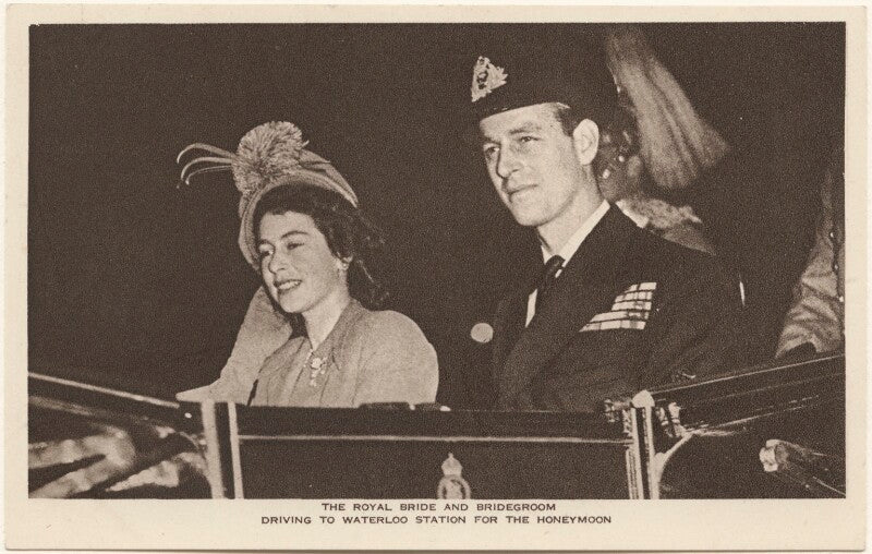 'the royal bride and bridegroom driving to waterloo station for the honeymoon' (queen elizabeth ii; prince philip, duke of edinburgh) npg x193060