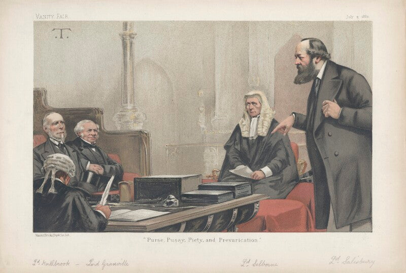"purse, pussy, piety and prevarication" (thomas george baring, 1st earl of northbrook; granville george leveson gower, 2nd earl granville; roundell palmer, 1st earl of selborne; robert gascoyne cecil, 3rd marquess of salisbury and one unknown sitter) npg d44074