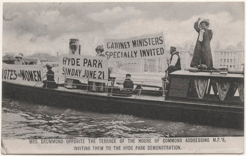 'Mrs Drummond opposite the terrace of the House of Commons addressing MP’s, inviting them to the Hyde Park demonstration' NPG x200693