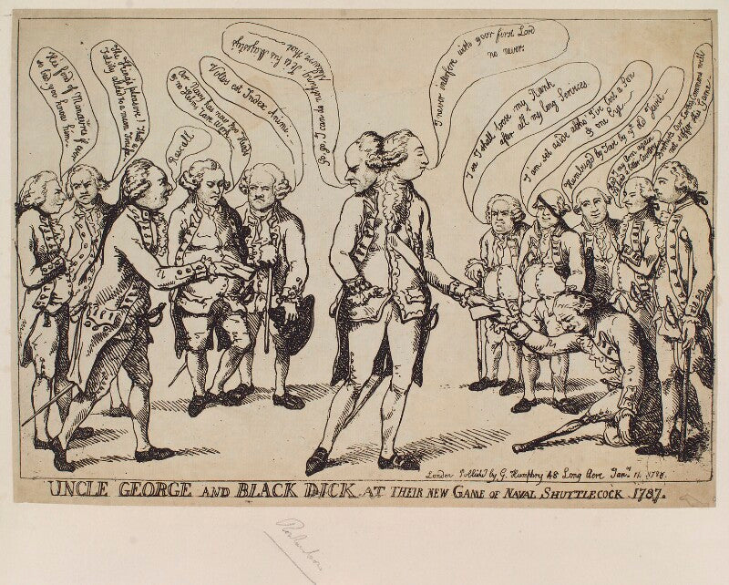 'uncle george and black dick at their new game of naval shuttlecock' (richard howe, 1st earl howe; king george iii) npg d12368