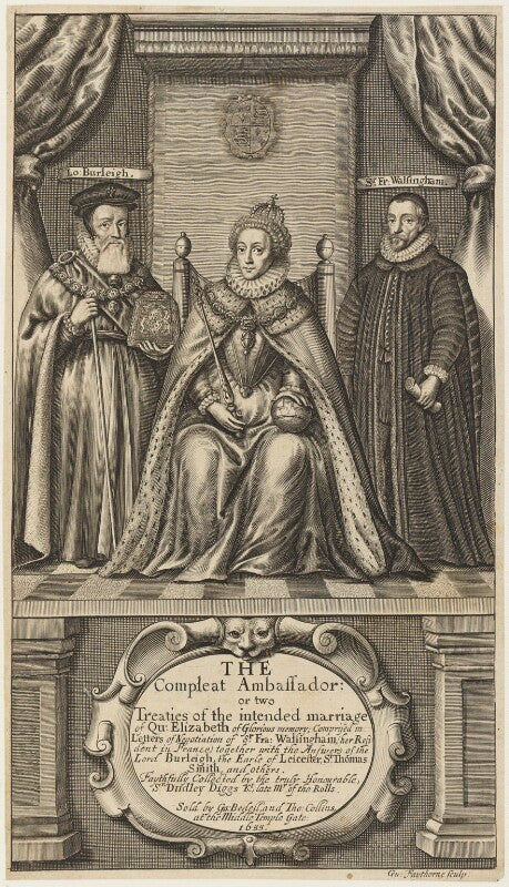 Queen elizabeth i; sir francis walsingham; william cecil, 1st baron burghley npg d19080