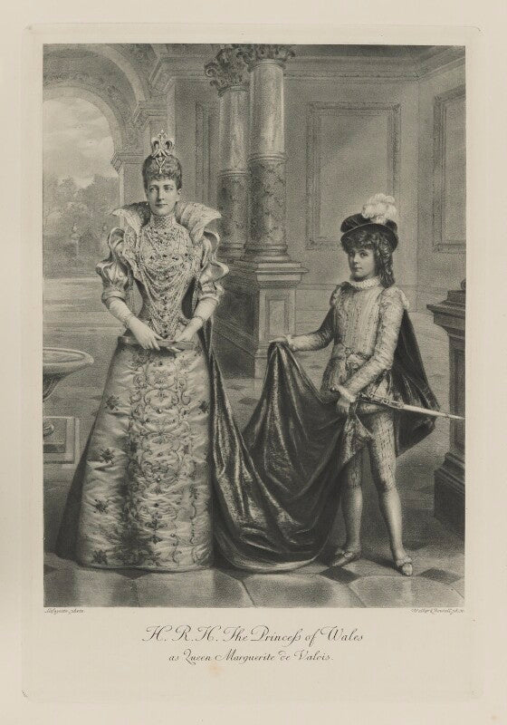 Queen alexandra when princess of wales as queen marguerite de valois and hon. (alexandra) louvima elizabeth checkley (née knollys) as her page) npg ax41003