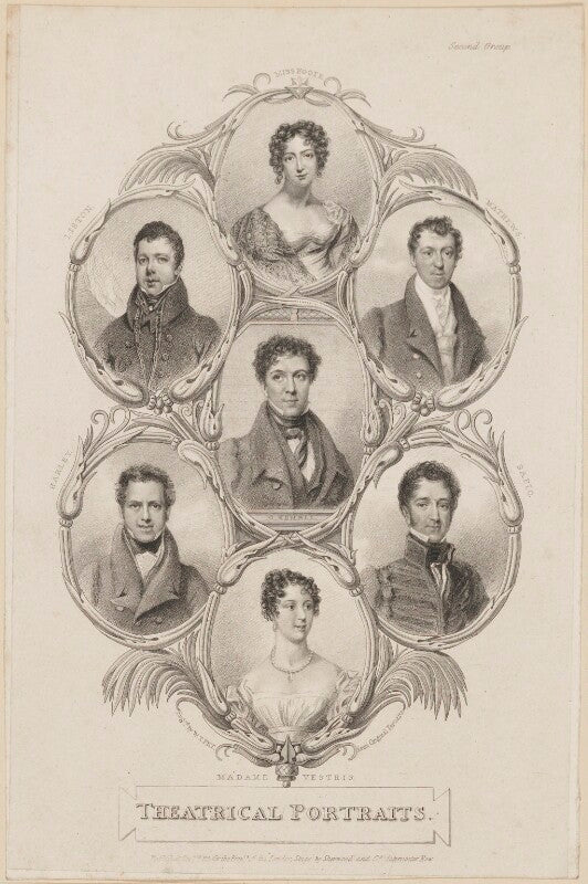 Maria stanhope (née foote), countess of harrington; john liston; charles mathews; charles kemble; john pritt harley; lewis sapio; madame vestris npg d38605