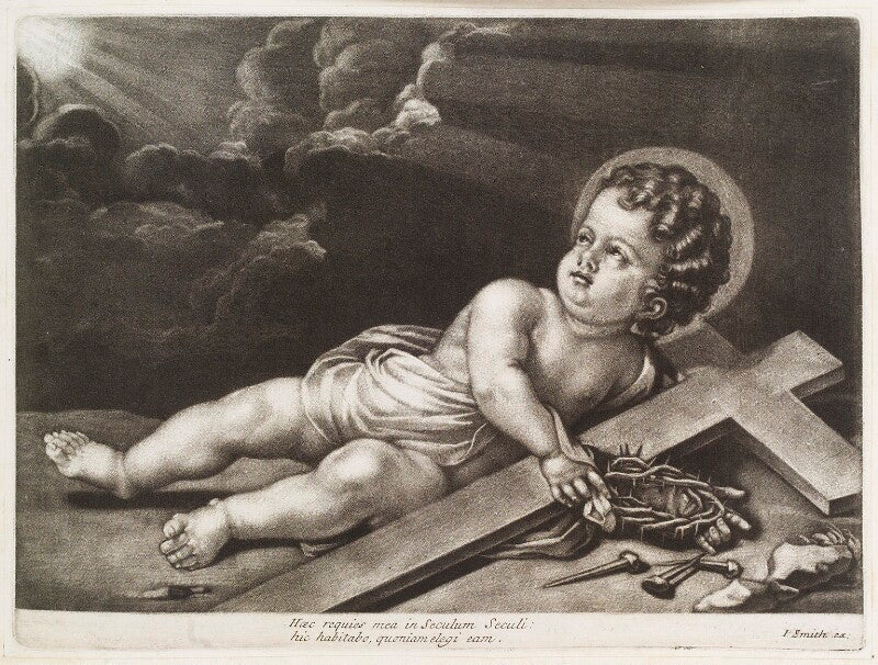 Christ as a child lying with a cross, crown of thorns and nails npg d11765