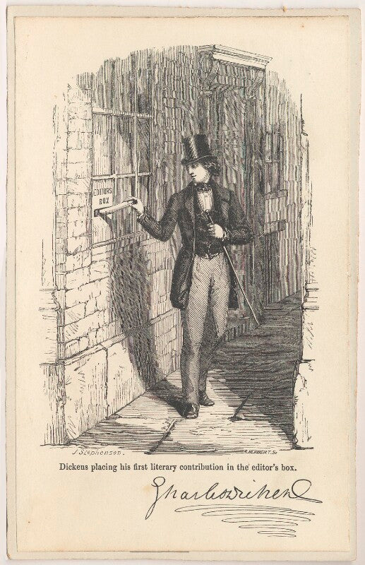 'dickens placing his first contribution in the editor's box' (charles dickens) npg d2271