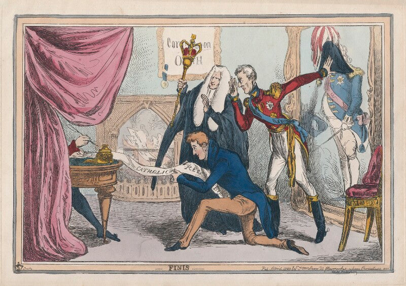 'finis' (king george iv; sir robert peel, 2nd bt; john singleton copley, baron lyndhurst; arthur wellesley, 1st duke of wellington; king george iii) npg d48756