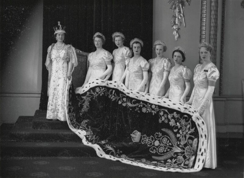 Queen elizabeth, the queen mother at the coronation with her six maids of honour npg x32321
