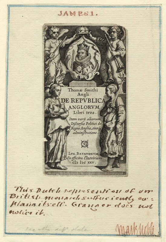 King james i of england and vi of scotland in the title page to thomas smith's 'de republica anglorum' npg d25695