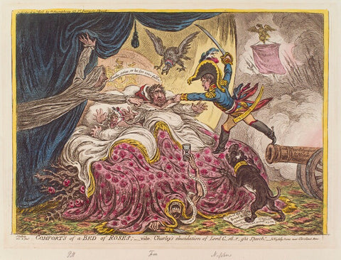 'Comfort's of a bed of roses' (William Pitt; Elizabeth Bridget Fox (née Cane); Charles James Fox; Napoléon Bonaparte) NPG D12864