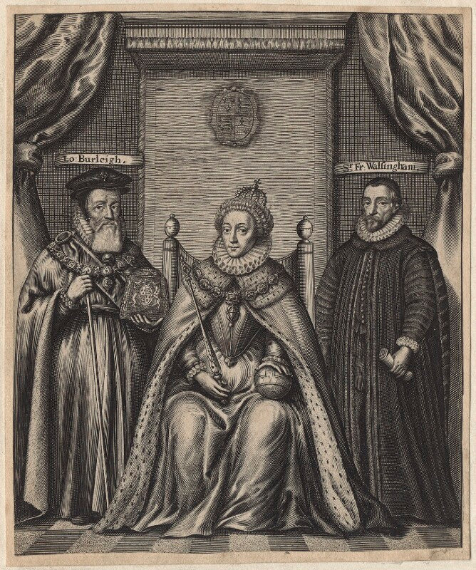 Queen elizabeth i; sir francis walsingham; william cecil, 1st baron burghley npg d21165