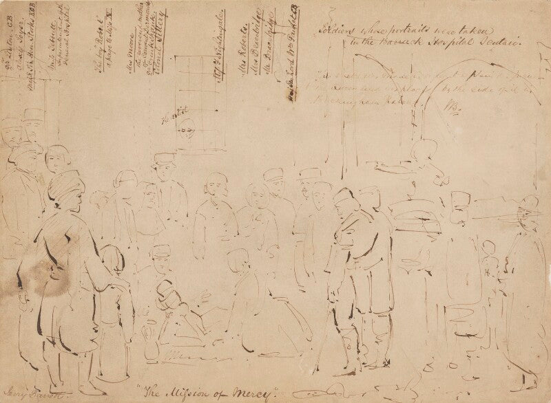 Sketch of 'the mission of mercy: florence nightingale receiving the wounded at scutari' npg 2939a