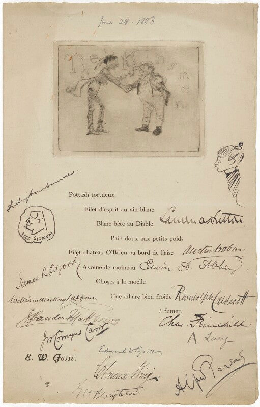 Menu for the 'kinsmen' includes etching of phil may and john bull npg d9854