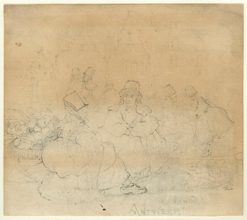'antwerp'; sketch of a street scene with two unknown women npg d23161