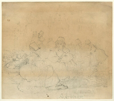 'Antwerp'; Sketch of a street scene with two unknown women NPG D23161