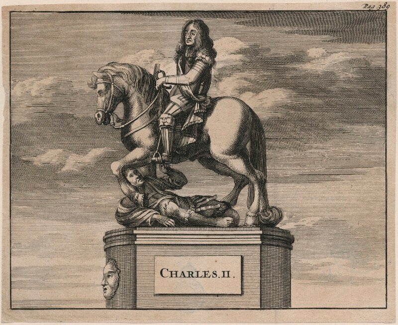 The statue of king charles ii at the entrance of cornhill (king charles ii; oliver cromwell) npg d18531