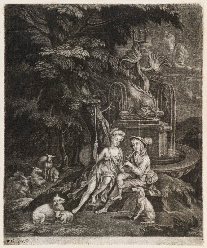 Shepherd and shepherdess sitting by a fountain npg d11812