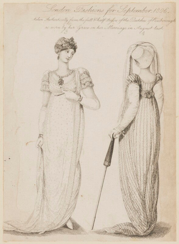 Harriet innes ker (née charlewood), duchess of roxburghe ('london fashions for september 1806, taken authentically from the full & half dresses of the dutches of roxborough as worn by her grace on her marriage in august last') npg d47501