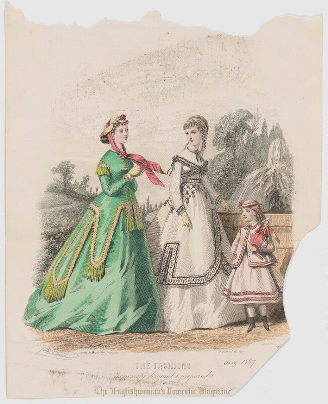 'the fashions', august 1867. visiting or walking toilet, indoor toilet for the country and costume for a little girl of seven to eight years old npg d48027