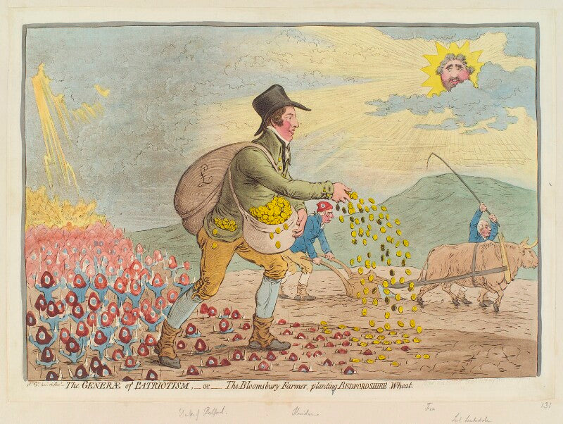 'the generae of patriotism,   or   the bloomsbury farmer, planting bedfordshire wheat' npg d12407