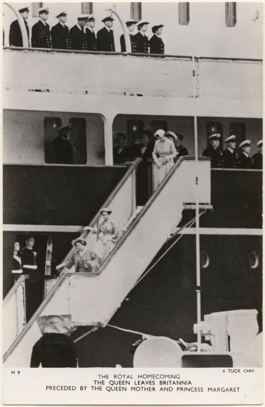 'the royal homecoming, the queen leaves brittania preceded by the queen mother and princess margaret' npg x193052