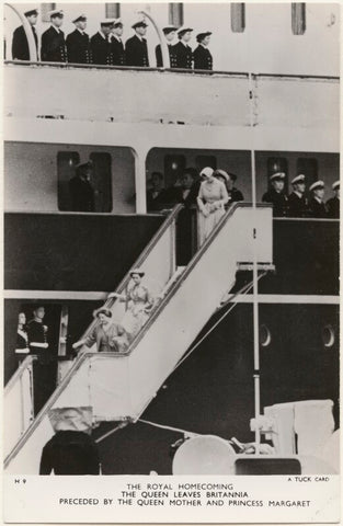 'The Royal Homecoming, The Queen leaves Brittania preceded by the Queen Mother and Princess Margaret' NPG x193052