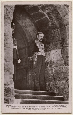 'The investiture of the Prince of Wales at Carnarvon Castle. Constable of the Castle Mr Lloyd George waiting to receive the Prince of Wales' NPG x197630
