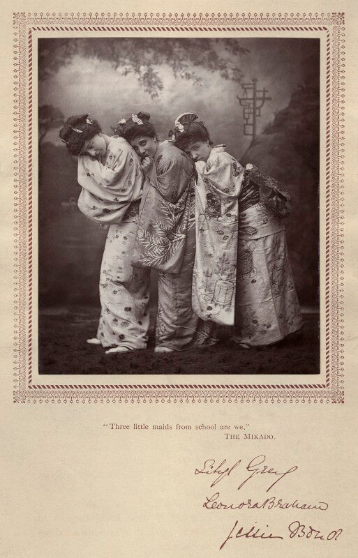 Sibyl (sybil) grey, leonora braham and jessie bond as the three little maids in 'the mikado' npg x9389
