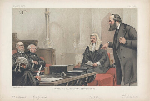 "Purse, Pussy, Piety and Prevarication" (Thomas George Baring, 1st Earl of Northbrook; Granville George Leveson-Gower, 2nd Earl Granville; Roundell Palmer, 1st Earl of Selborne; Robert Gascoyne-Cecil, 3rd Marquess of Salisbury and one unknown sitter) NPG D44074