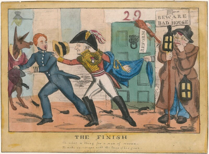 'the finish' (sir john key, 1st bt; sir robert peel, 2nd bt; arthur wellesley, 1st duke of wellington) npg d48798