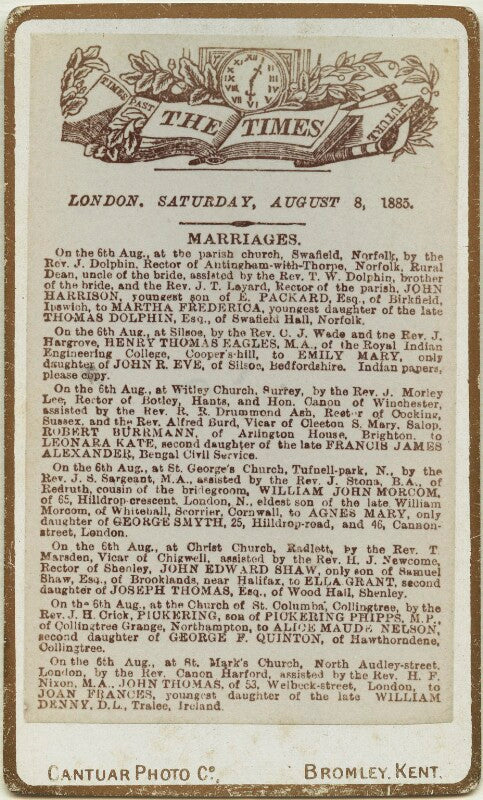 'the times, london, saturday, august 8, 1885' (marriage announcement for john thomas and joan frances thomas (née denny)) npg x131785