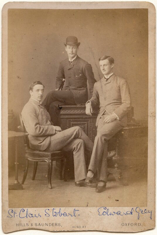St clair kelburn mulholland stobart; edward grey, 1st viscount grey of fallodon and an unknown man npg x197314