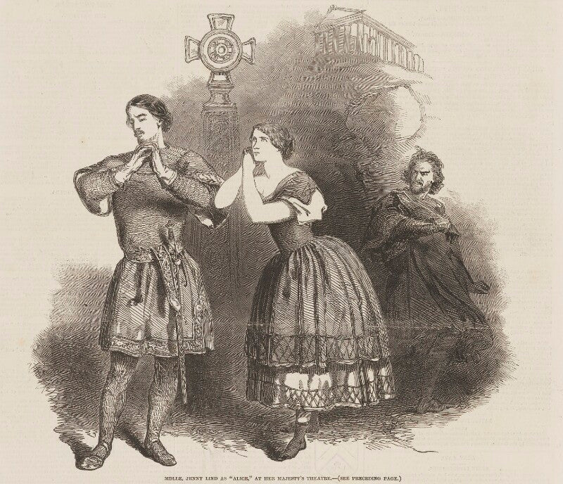 'mdlle jenny lind as "alice" at her majesty's theatre' in 'roberto il diavolo' (italo gardoni; jenny lind; mr belletti) npg d45842