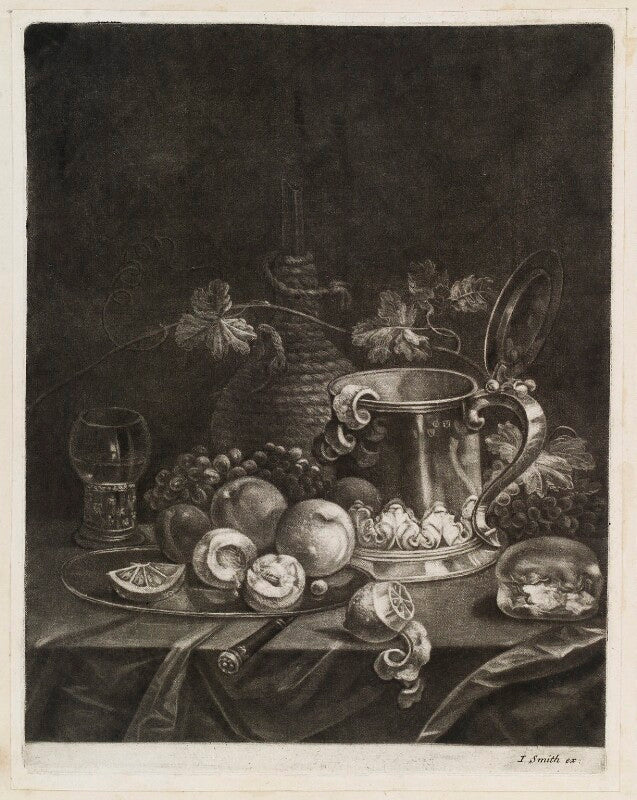 Still life with tankard, wine flask and fruit npg d11815