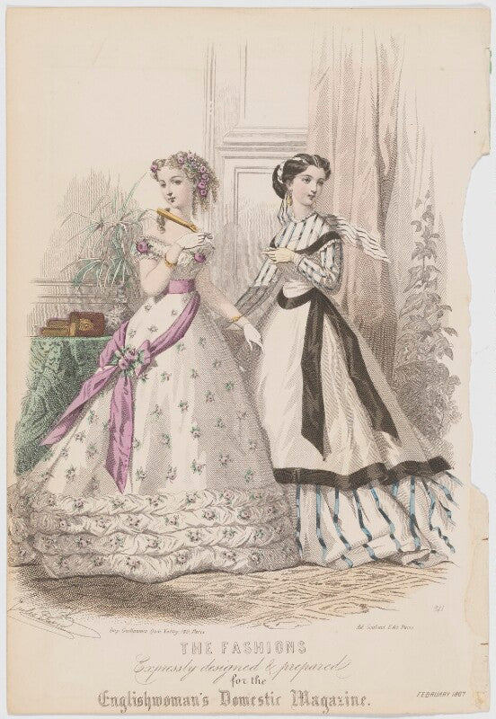 'the fashions', february 1867. ball toilet for a young lady and dinner toilet npg d48022