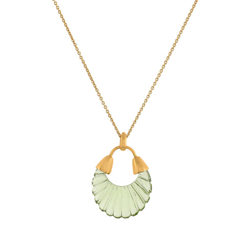 Etienne gold chain necklace with green glass pendant.
