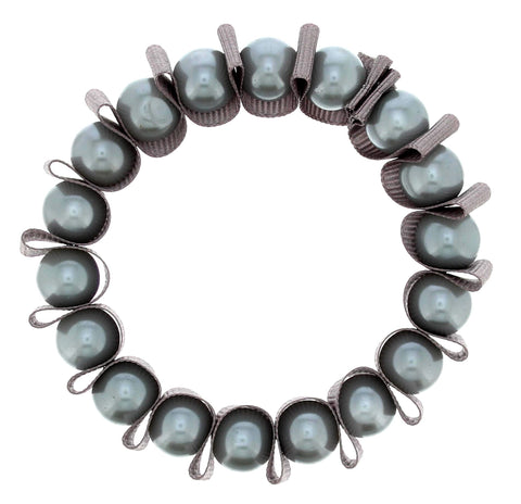 Blue Pearl bracelet attached with a grey ribbon