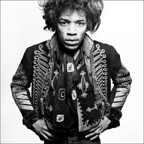 Black and white photograph of Jimi Hendrix by Gered Mankowitz, 1967.