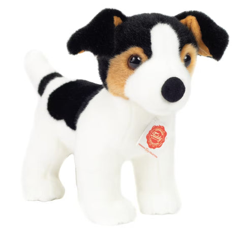 Jack Russell plush toy with black, brown and white fur.