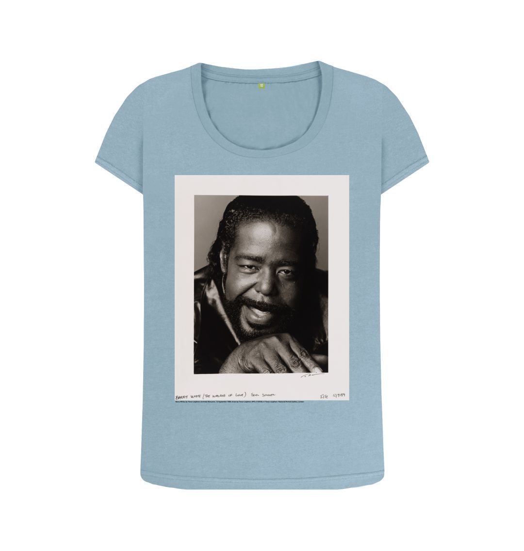 Stone blue barry white women's scoop neck t shirt