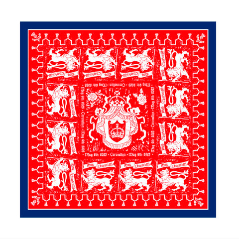 King Charles Coronation design silk pocket square scarf in red with blue border.