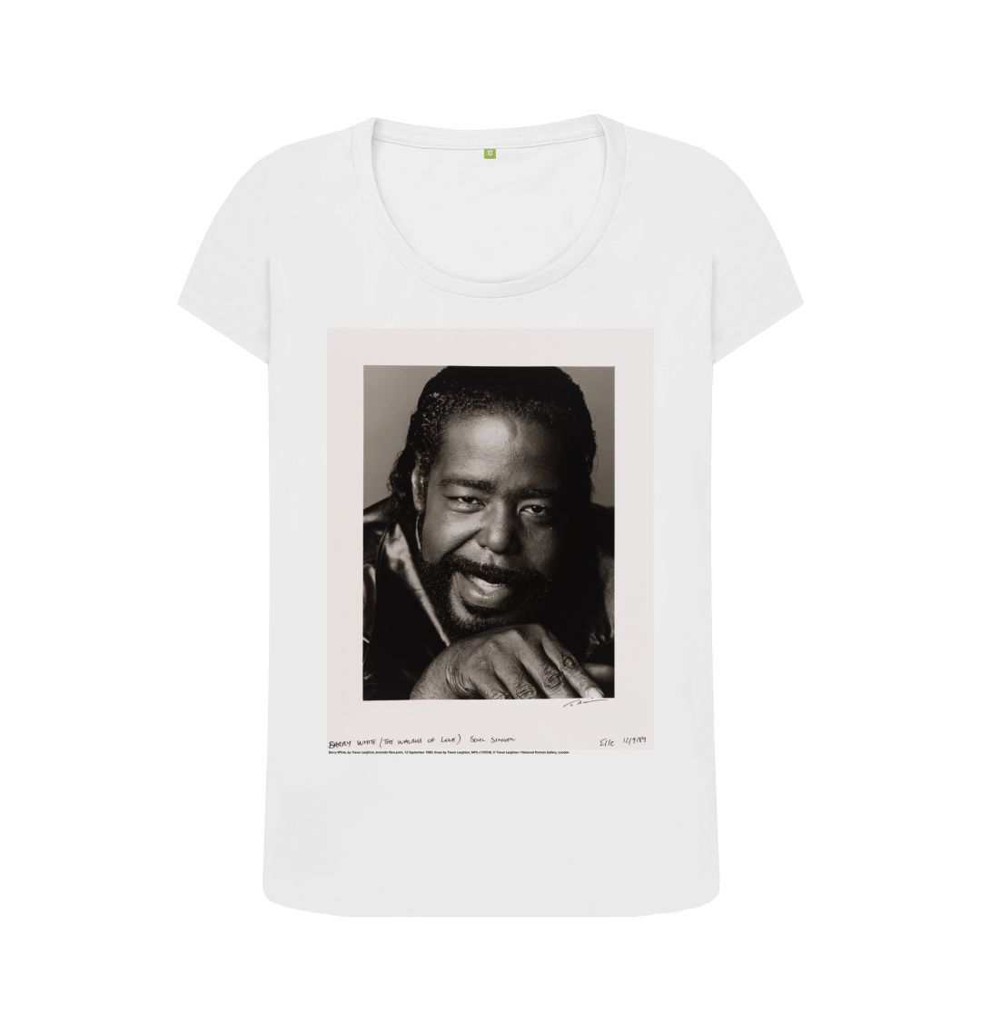 White barry white women's scoop neck t shirt