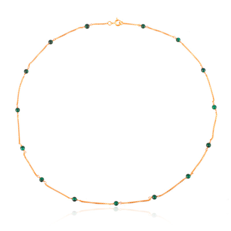 Venus extra slim gold necklace with green malachite balls.