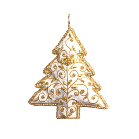 White and gold embroidered Christmas tree shaped fabric decoration.