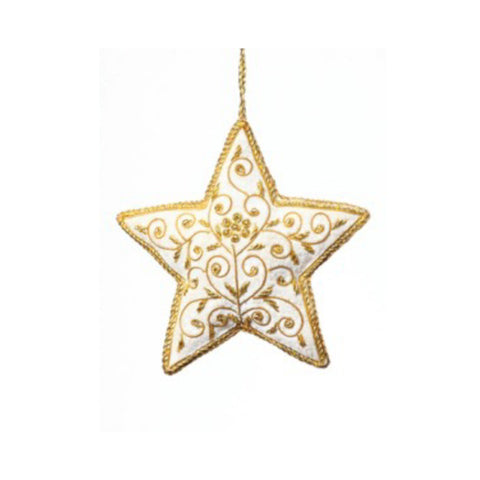 White and gold embroidered star shaped Christmas decoration.